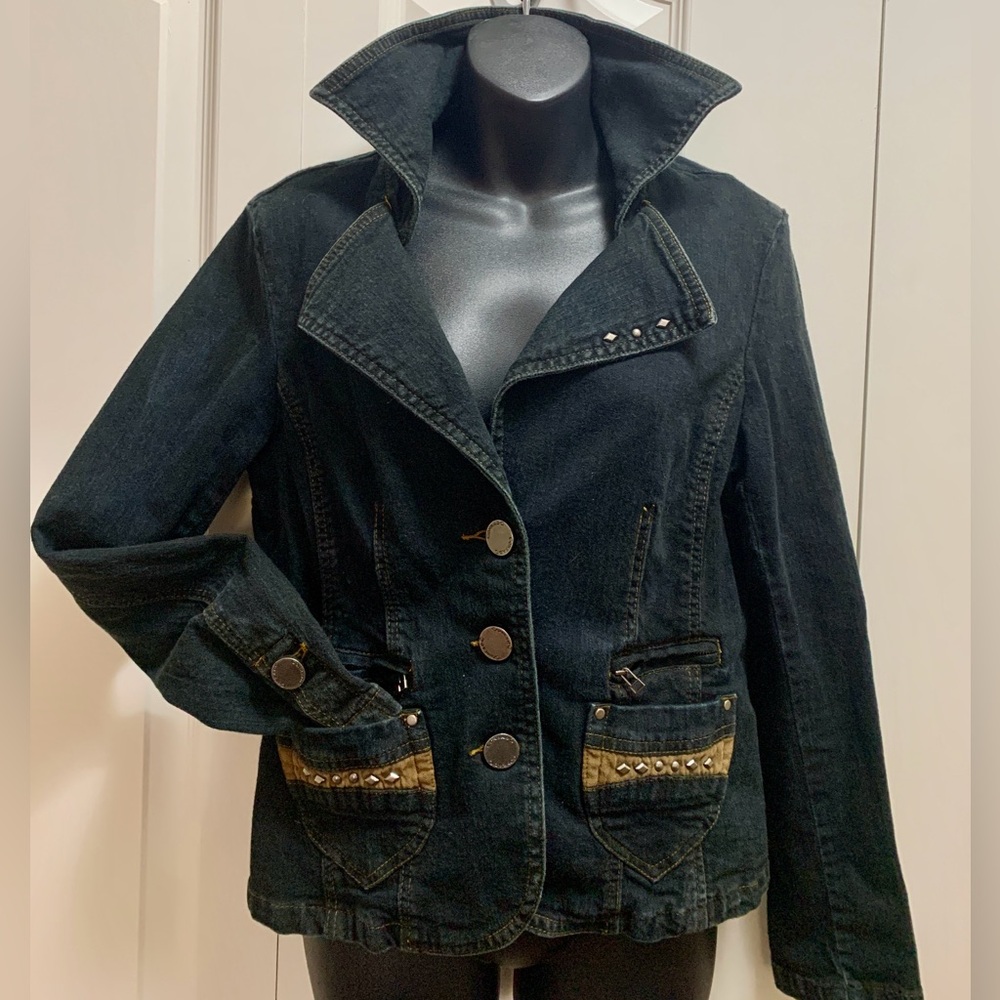Conrad C Vintage Dark Denim Jacket Studs Zip Pockets Lrg Buttons Tan Trim Sz 6